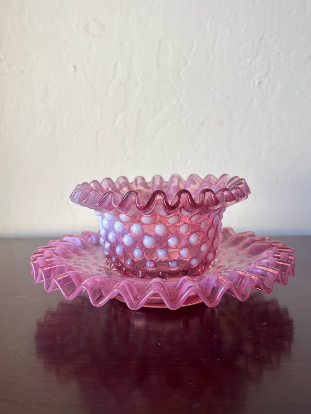 Vintage Fenton Cranberry Pink Hobnail Glass Decorative Bowl and Plate Set